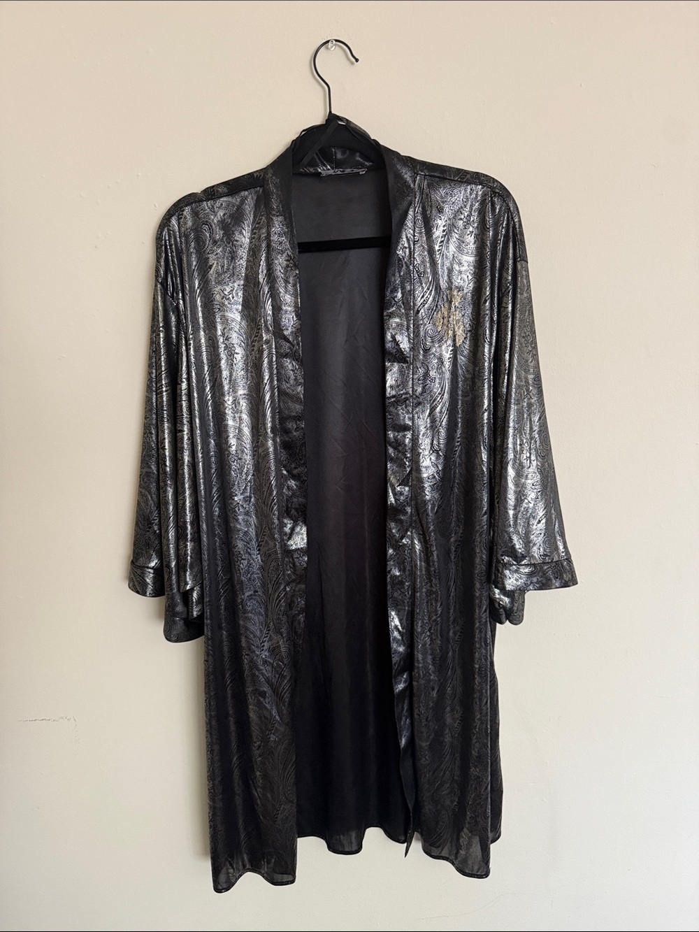 Vintage Black Satin Metallic Kimono Robe - Women Intimates & Sleepwear